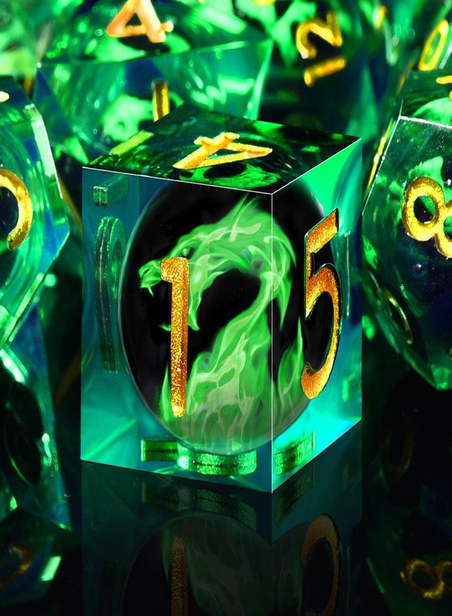 AUSTOR 7 Die DND Dice Set - 7 Pieces Green Flame Dragon Resin Dice - D20, D12, D10, D8, D6, D4 Sharp Edge Dungeons and Dragons Dice with Case - Image 2